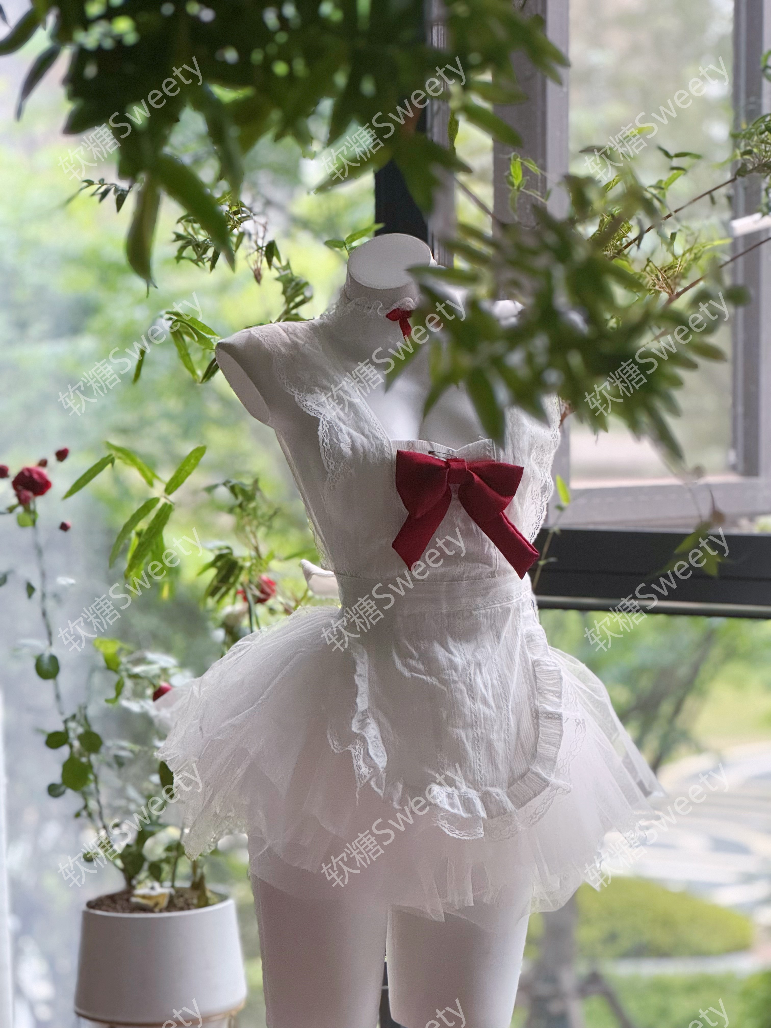 【奶白蛋糕】（80-150斤）套装睡衣红色纯欲风小围裙白色蕾丝睡衣战袍