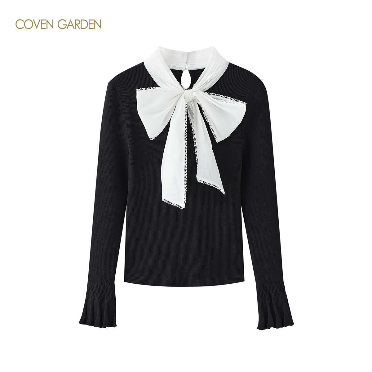 【周周专属】哥文花园领口拼接丝质系带优雅毛织套头衫CLA4032690