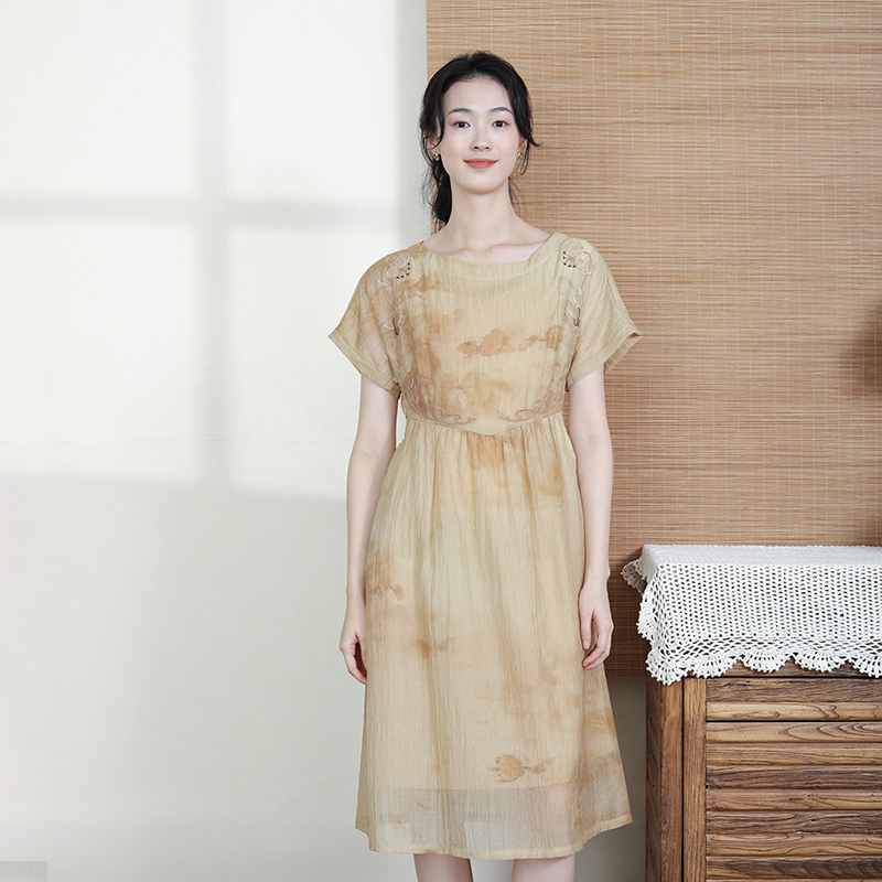 LXDLY1布符夏季拓印一字领刺绣连衣裙甜美小清新气质女