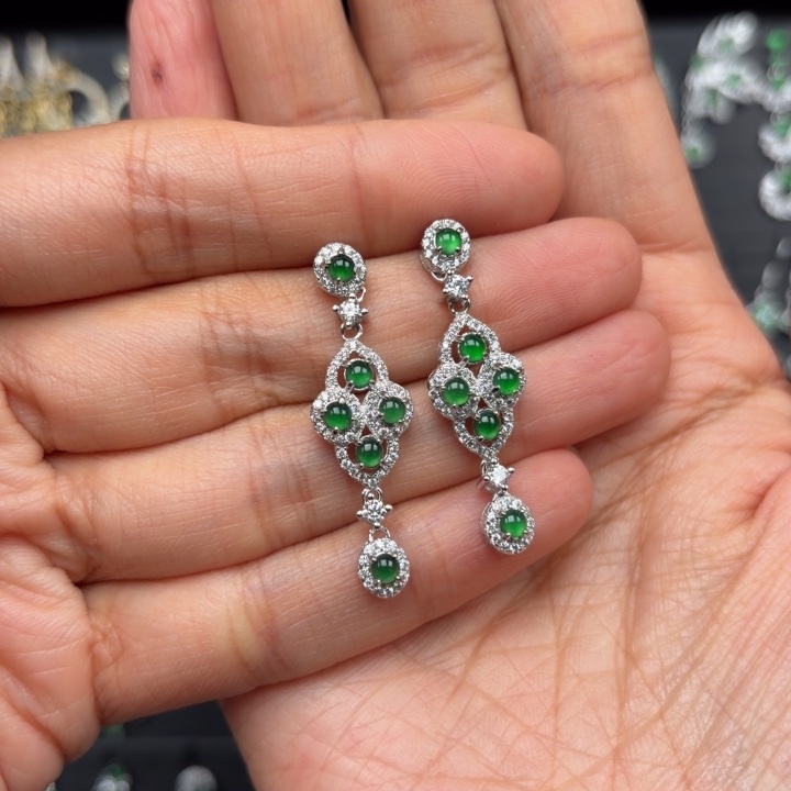 百***合翡翠银S925镶嵌耳饰