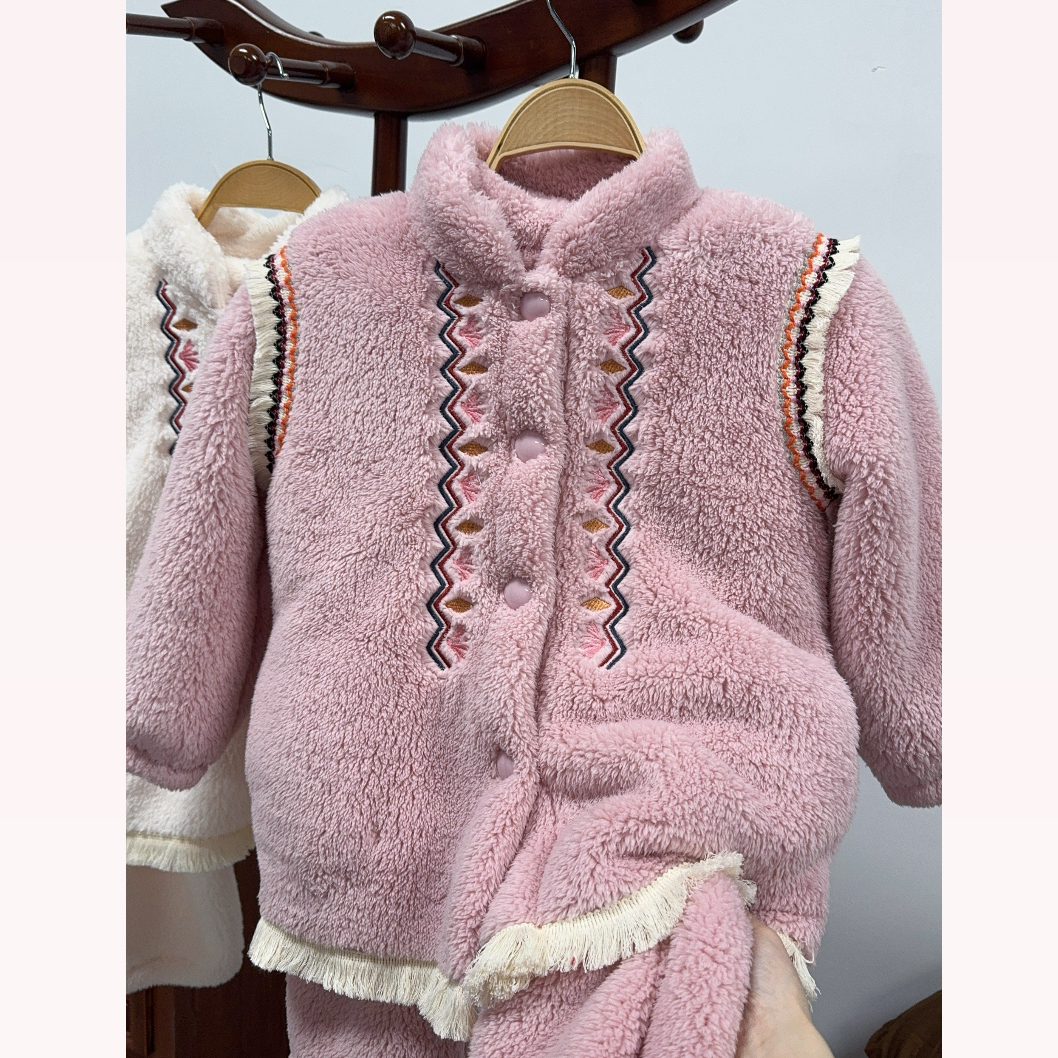 【瑜妹妹】儿童国风刺绣立领-秋冬季加厚加绒保暖女睡衣家居服套装