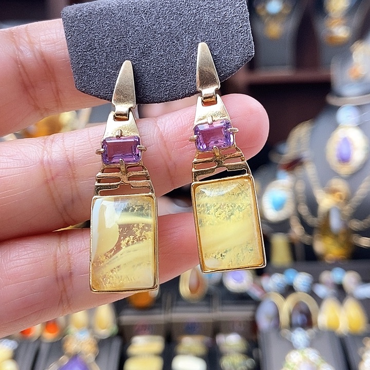 琥珀耳饰银S925镶嵌耳环