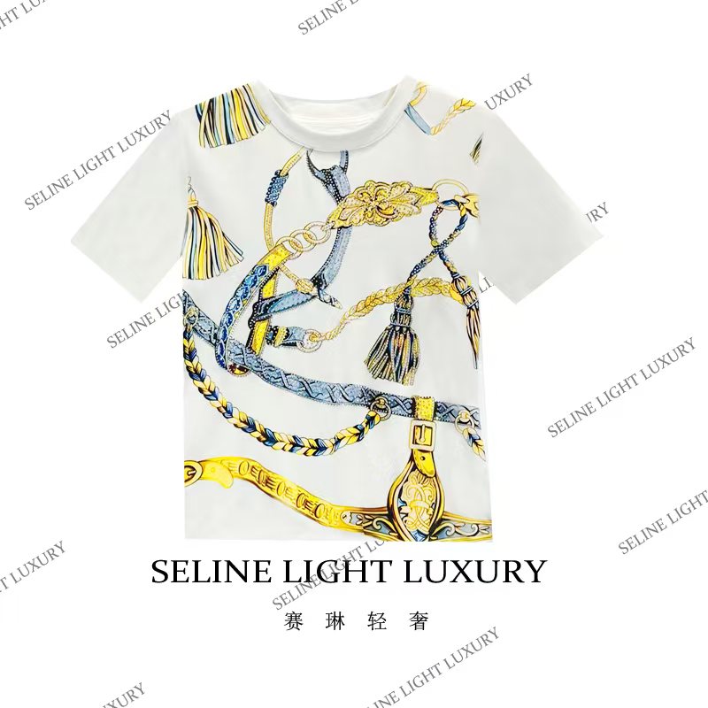 [25C-252]海 2025 SELINE 新款金色锁链印花百搭时尚圆领短袖T恤