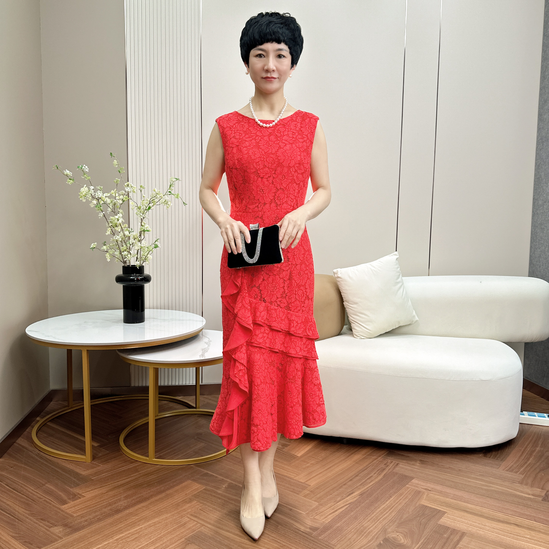 6408罗马之恋连衣裙优雅设计蕾丝时尚女士夏季无袖礼服断码折扣