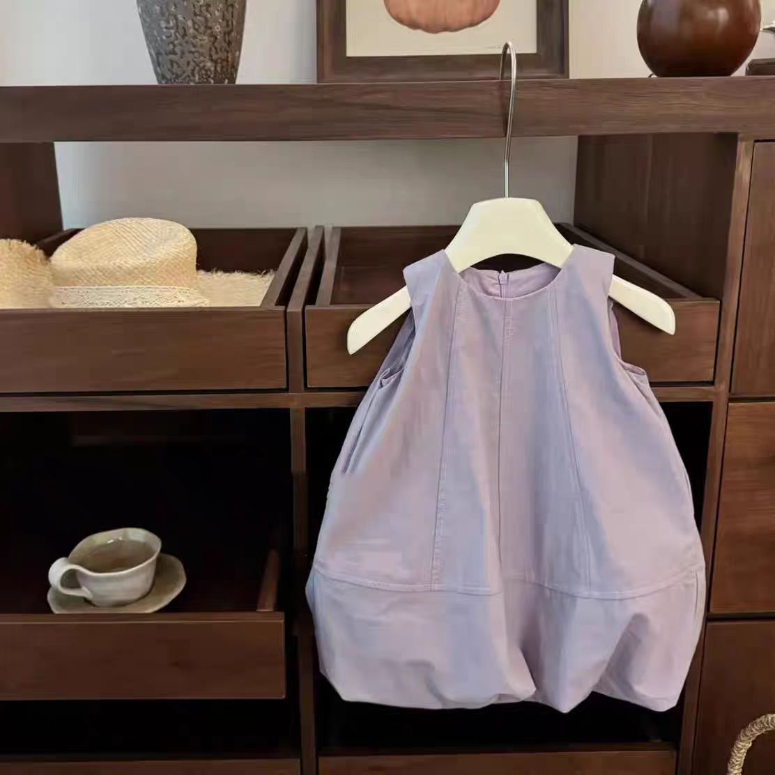 2025芋泥啵啵女童可爱紫色花苞高级背心裙洋气无袖夏季百搭连衣裙