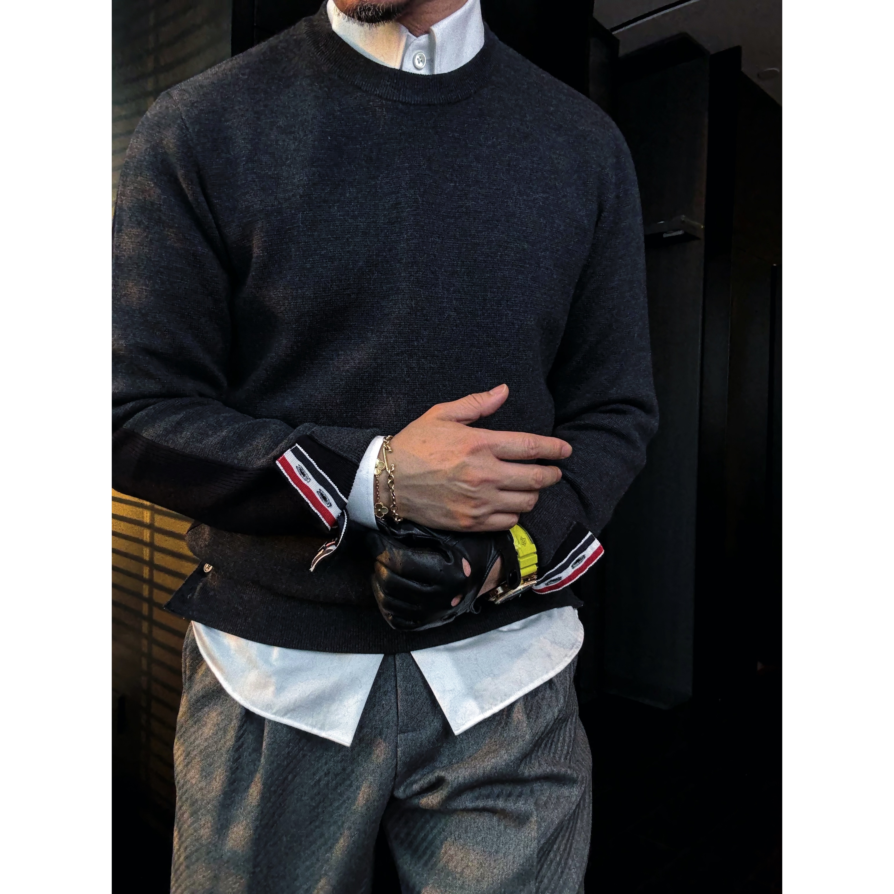 DRUNKCORNER 【双拼色+纽扣侧开叉】圆领极细羊毛男士针织DC253069#