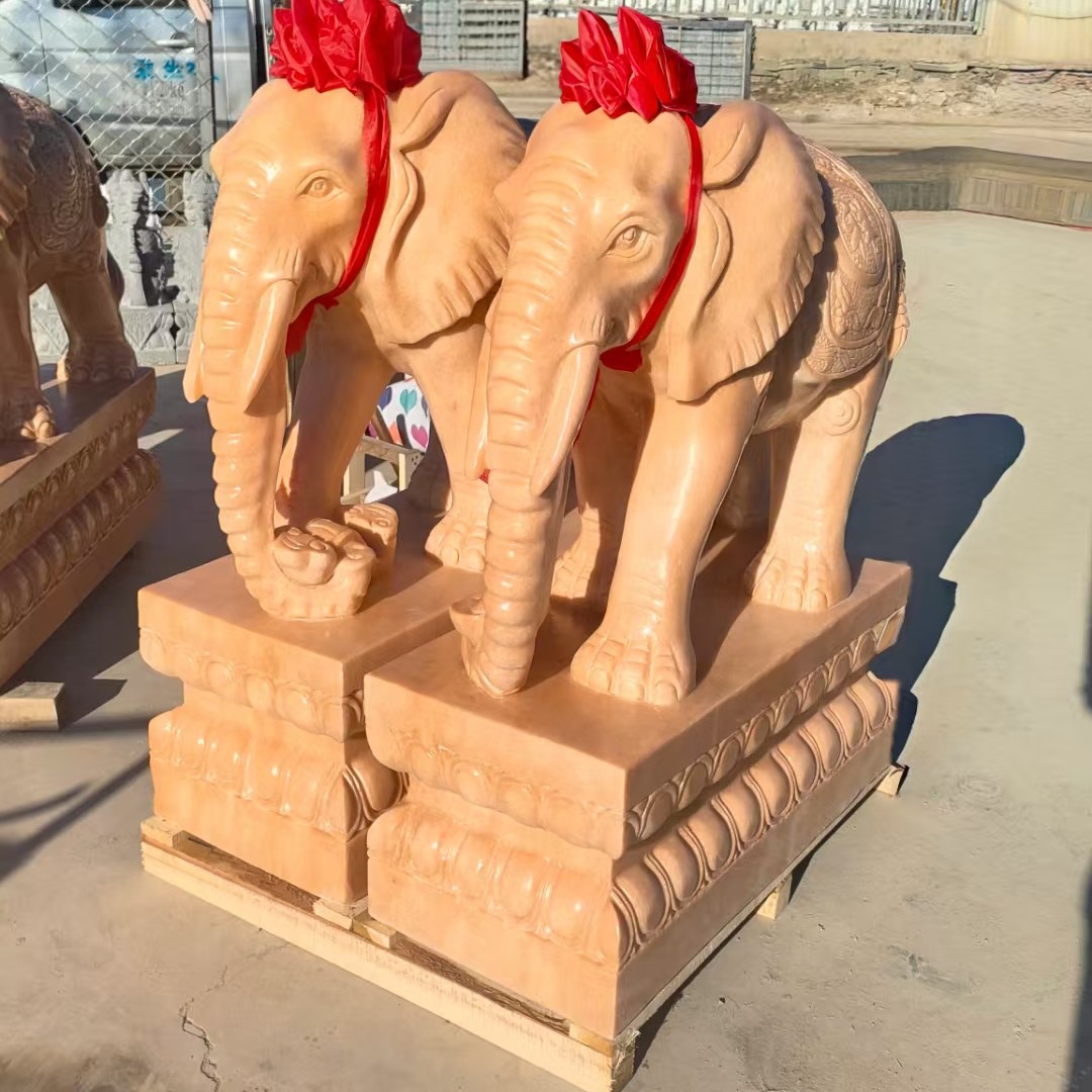 石雕大象晚霞红一对看家护院吉祥家用庭院公司酒店大门口摆件定金