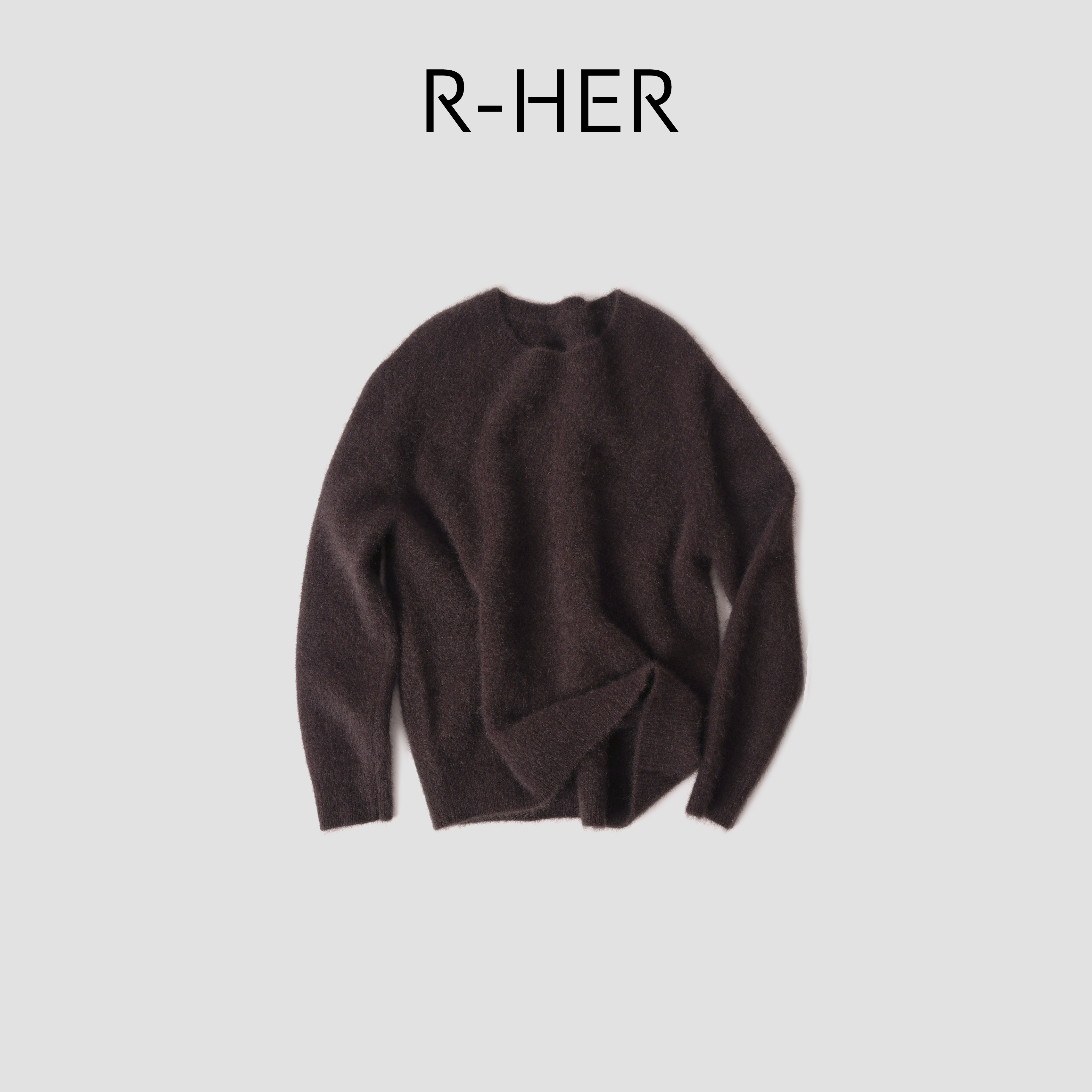 R-HER“脏脏可可”老钱风貂绒羊毛百搭女慵懒咖色圆领针织RW5NC3110