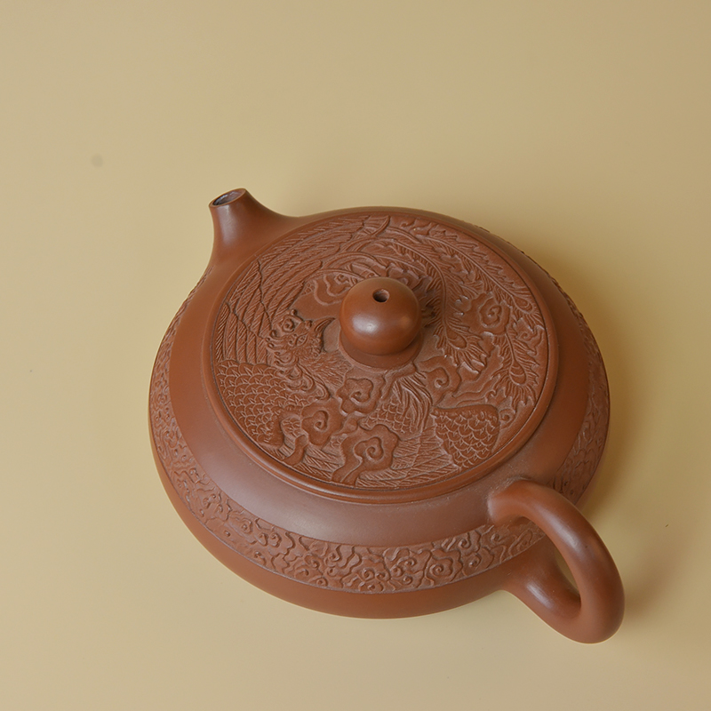 坭兴陶精工凤凰送吉高档茶器纯手工雕刻扁西施小品壶功夫茶泡茶壶