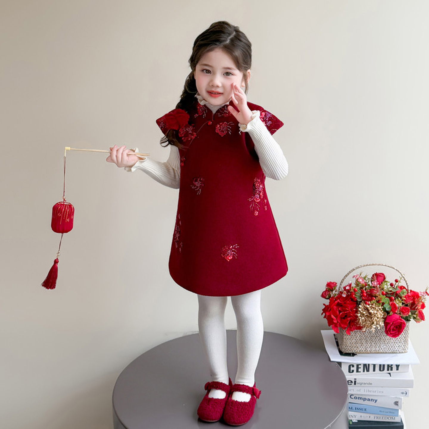 女童旗袍裙冬季儿童洋气新中式连衣裙红色拜年服女宝宝周岁礼服裙
