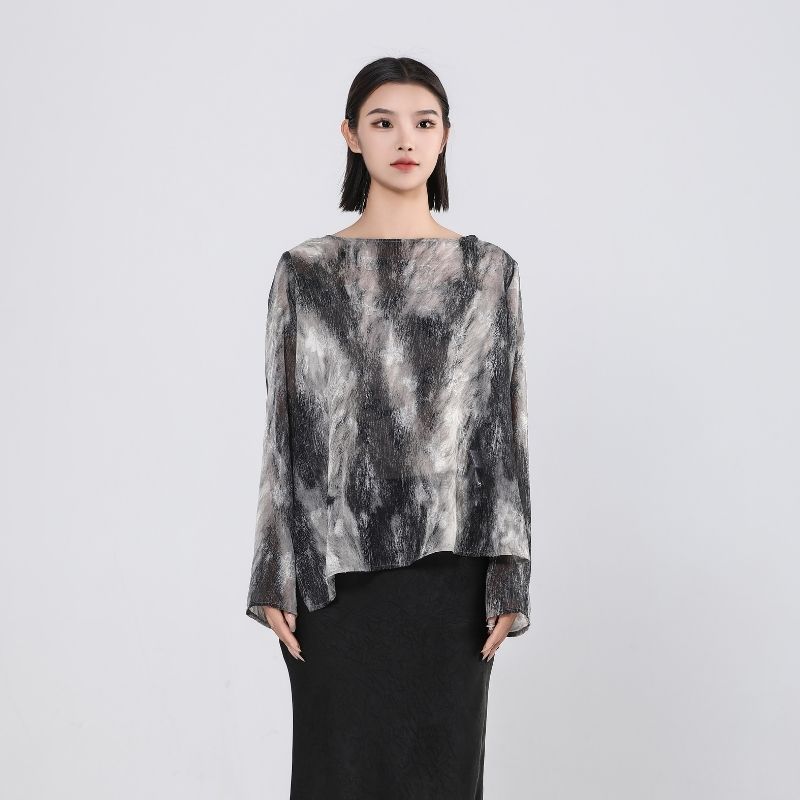 春夏森系套头扎染圆领印花女士上衣时尚夏季长袖复古薄款宽松水墨