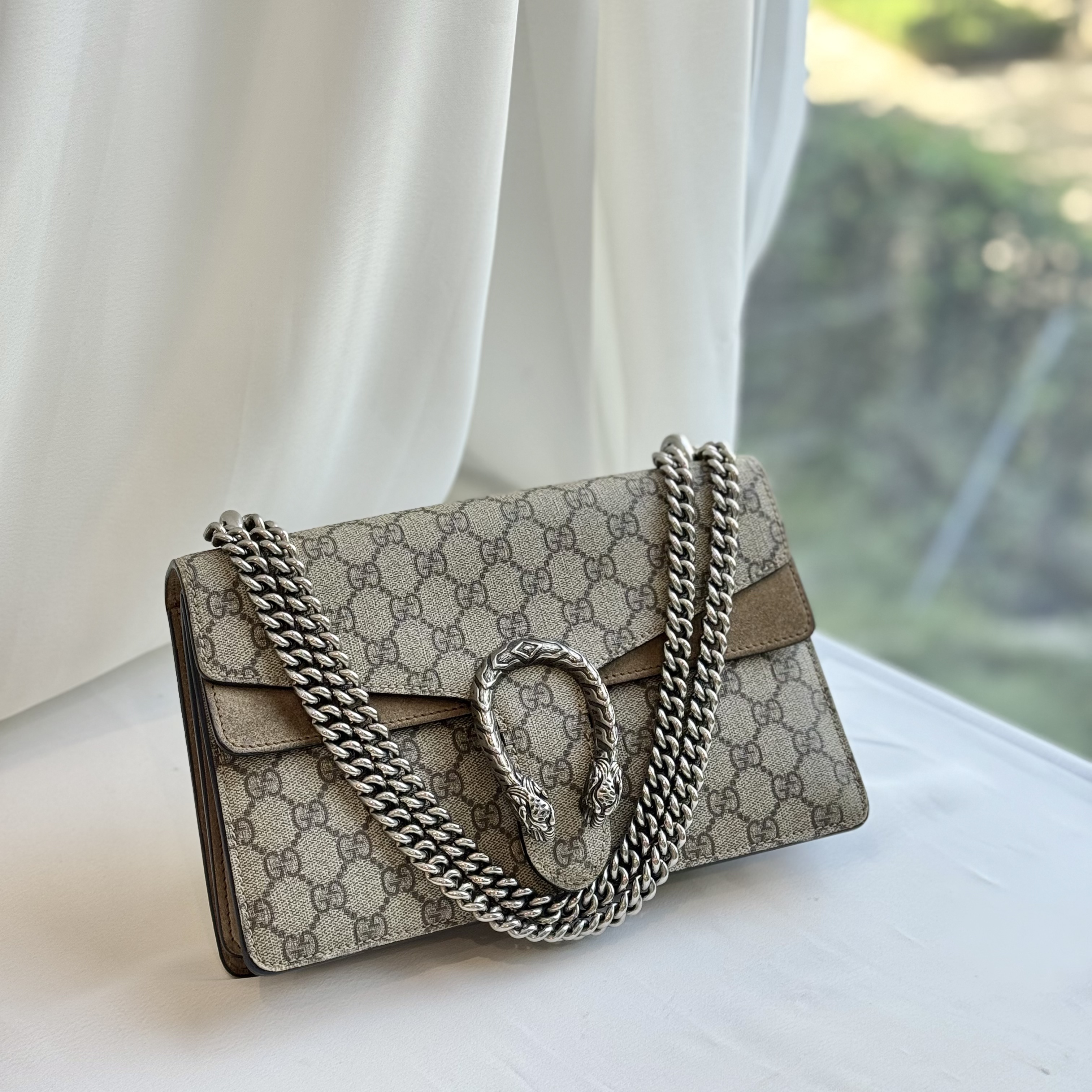 95新 GUCCI/古驰 Gucci/古驰 老花拼驼色中号酒神单肩包 