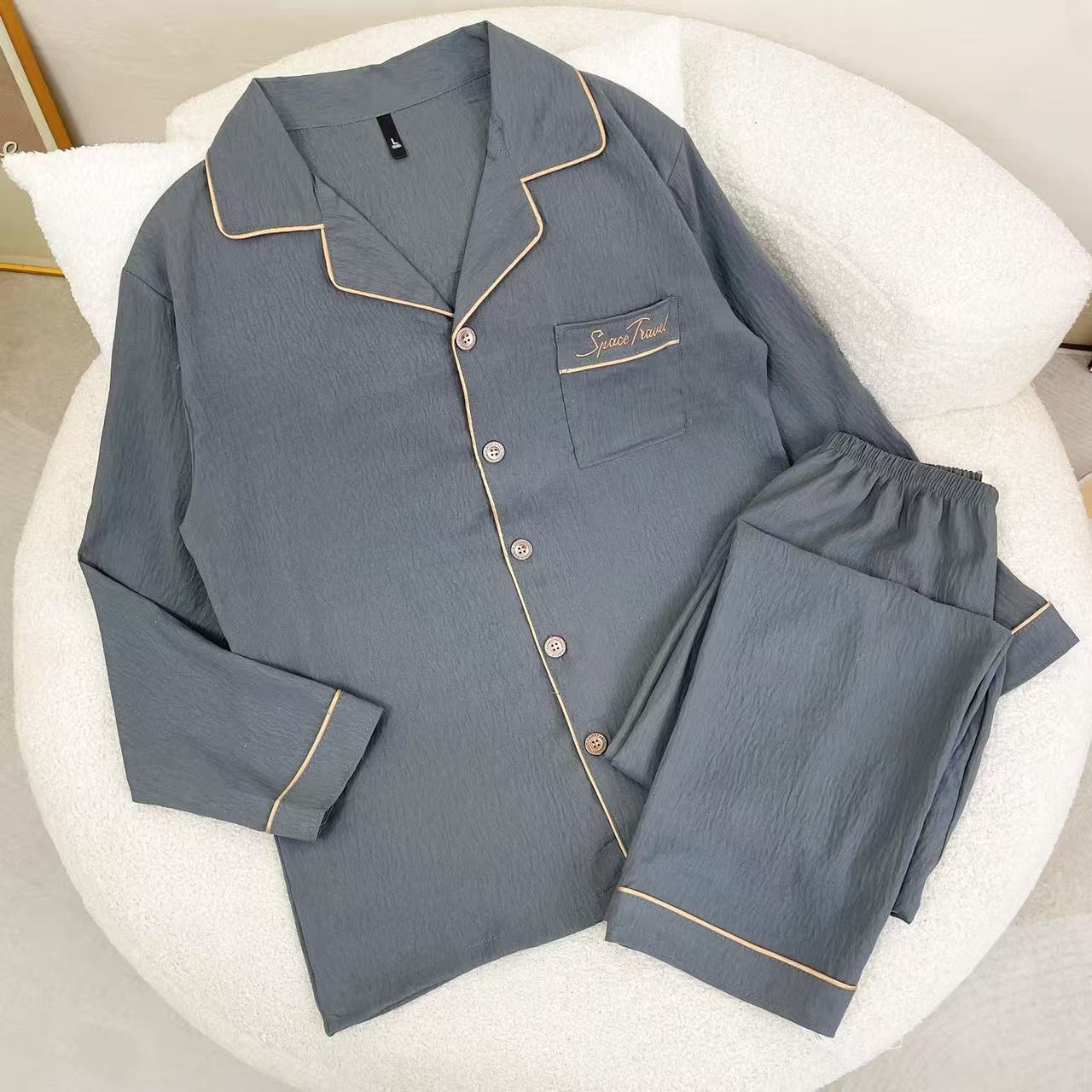 深灰英文刺绣纯棉睡衣春秋季家居服套装长袖长裤大码男款可外穿