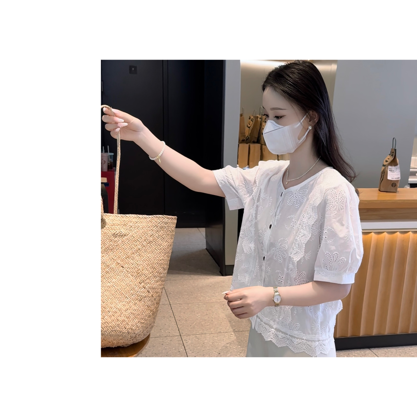 BK 法式蕾丝荷叶边镂空衬衫女短袖2025夏季新款气质显瘦外穿上衣