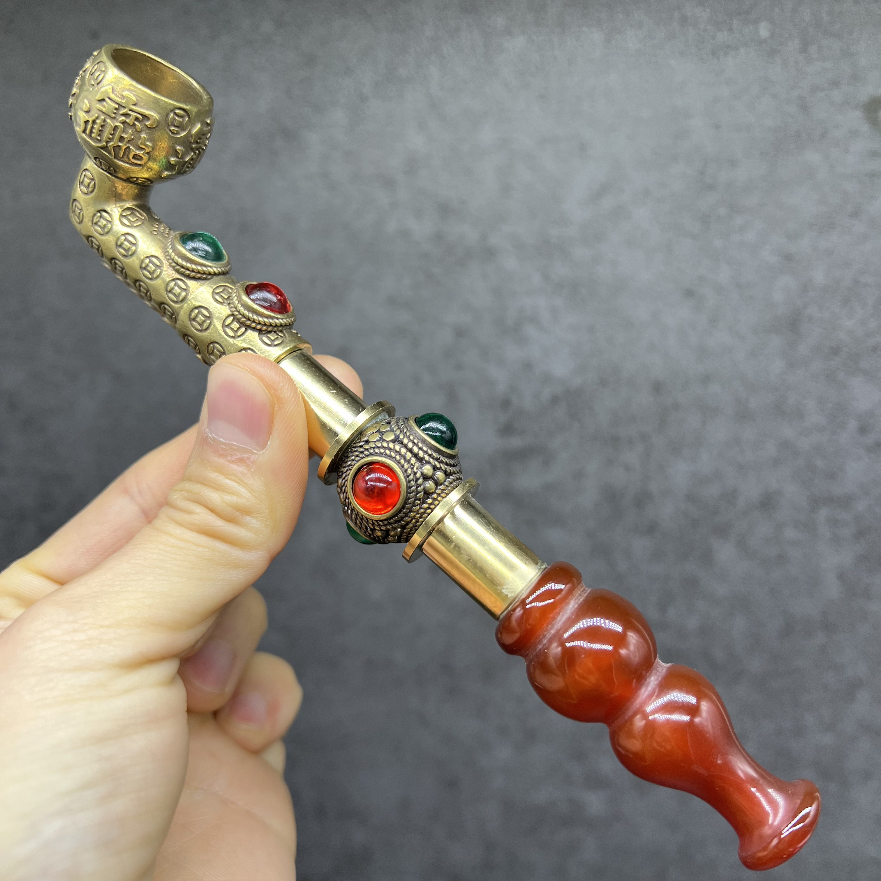 短款黄铜旱烟锅配葫芦玛瑙烟嘴便携式旱烟袋F906+DLB