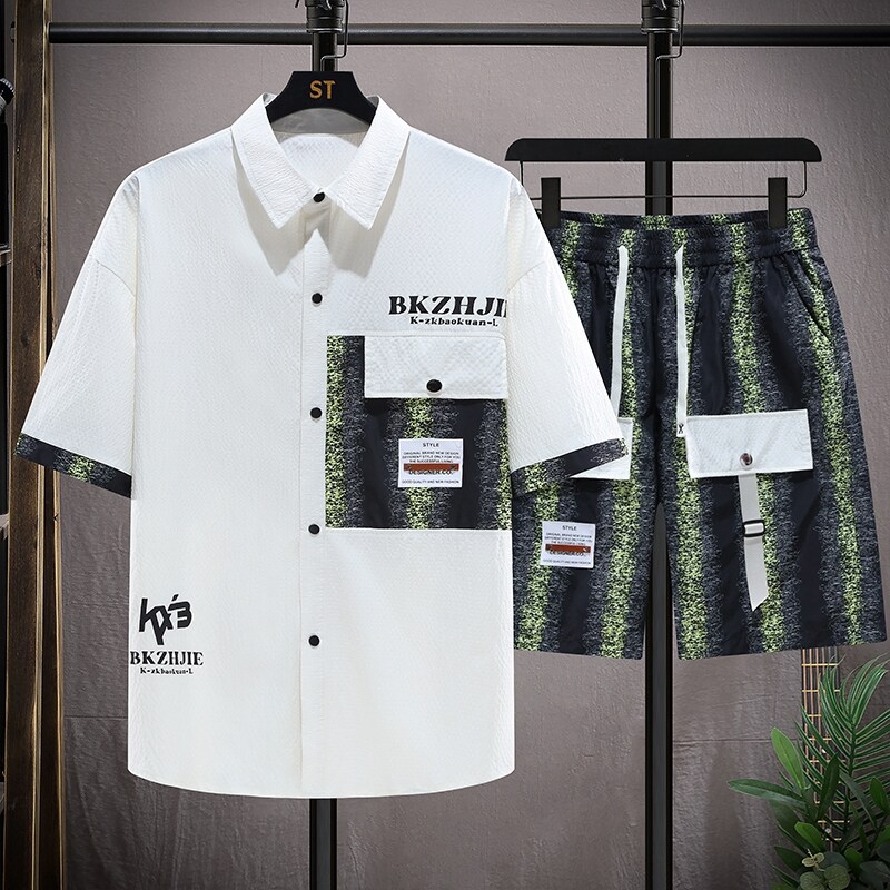 新品夏季短裤套装男衬衫领拼接印花宽松短裤一套8709