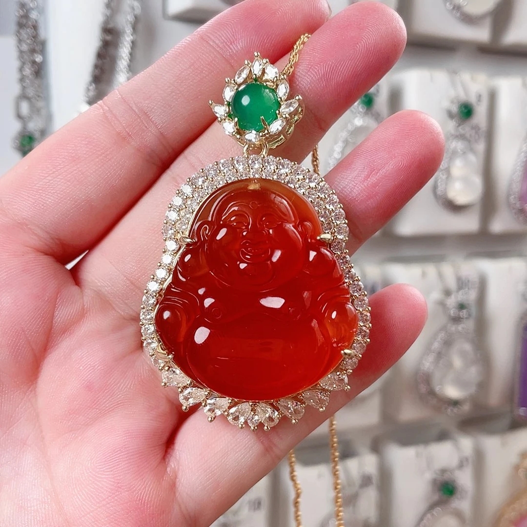 正品天然红色玉髓大佛公吊坠