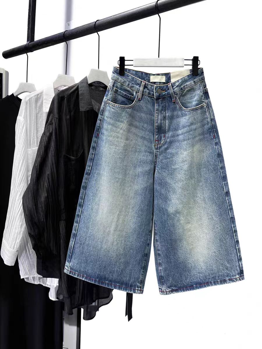 SU【186】花87 愫倩 高级质感红线牛仔薄款显瘦小众时尚七分阔腿裤