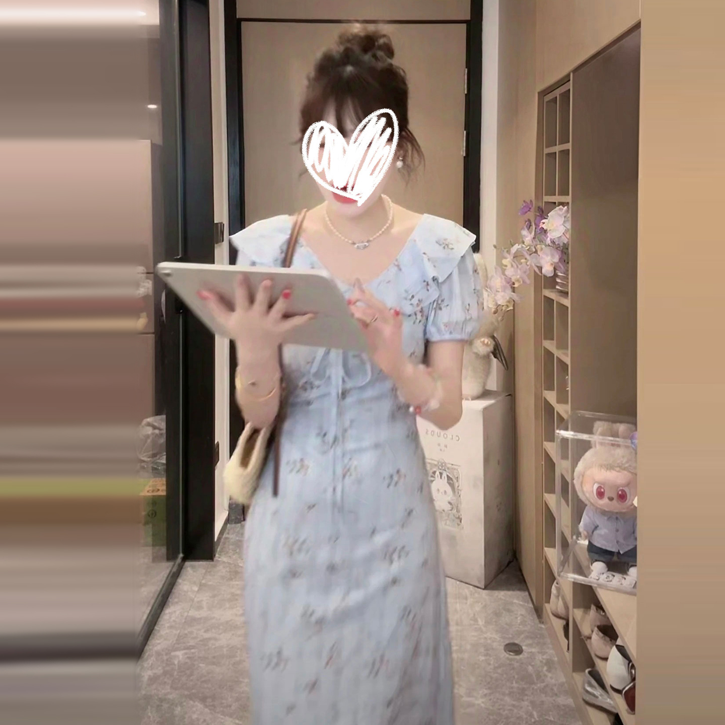 【现货+运补】法式气质荷叶边蓝色碎花连衣裙女夏收腰长裙清仓4760