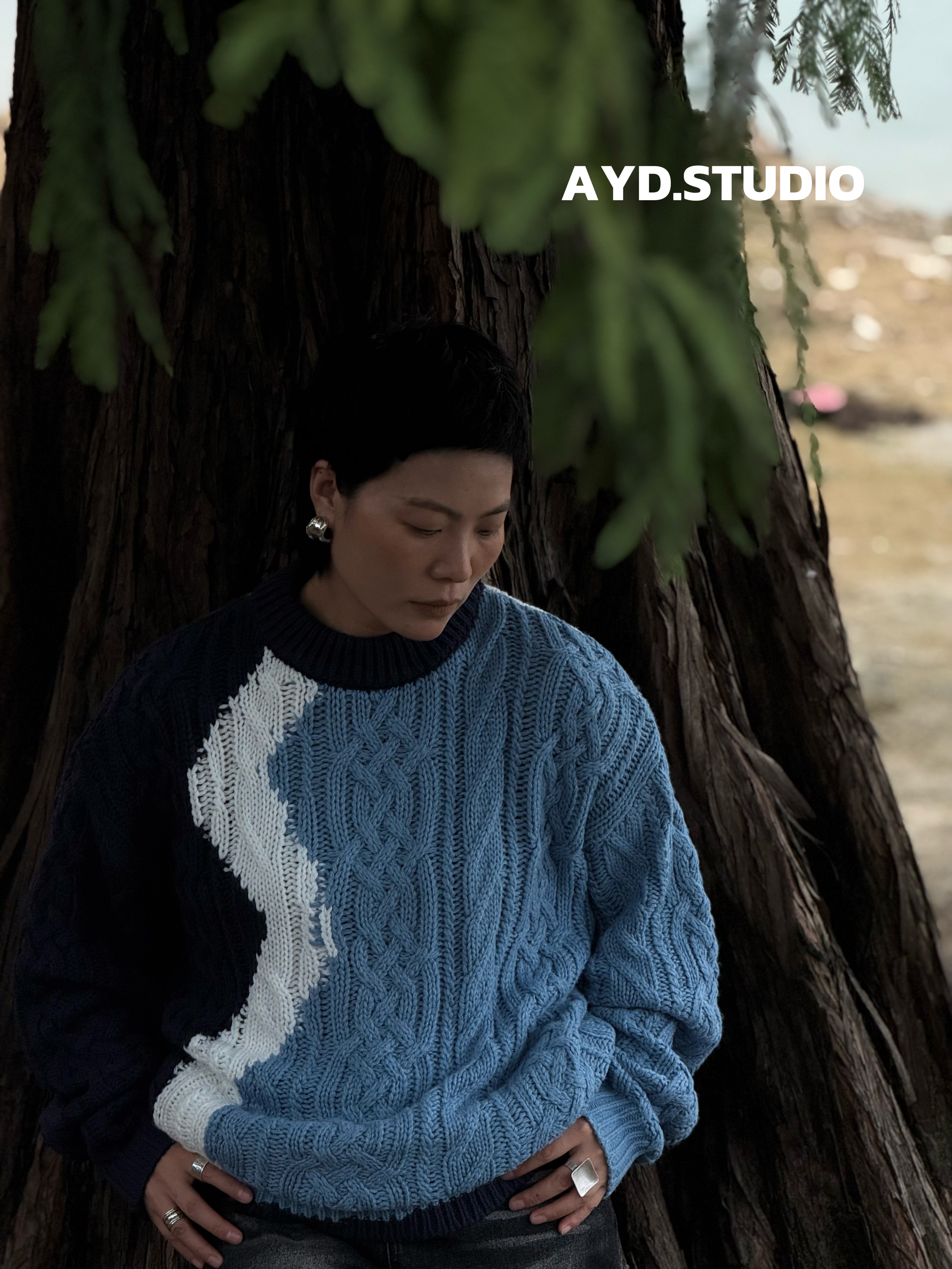 AYD.STUDIO秋冬穿搭设计宽松慵懒风羊毛混纺领套头毛衣小众#9938