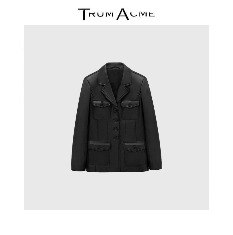 TrumAcme~老钱风2025秋季新款多口袋时尚皮衣翻领女款外套通勤