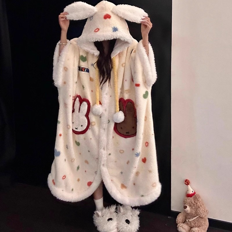 【米菲兔】冬款睡袍带袖子毛绒睡衣加厚睡衣可外穿甜美可爱宽松显瘦