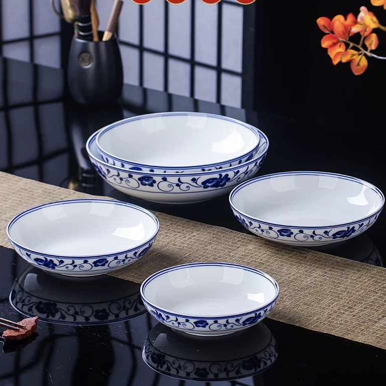 景德镇高白泥青花盘子家用防烫高温釉下彩窝盘圆汤盘加深菜盘碟子