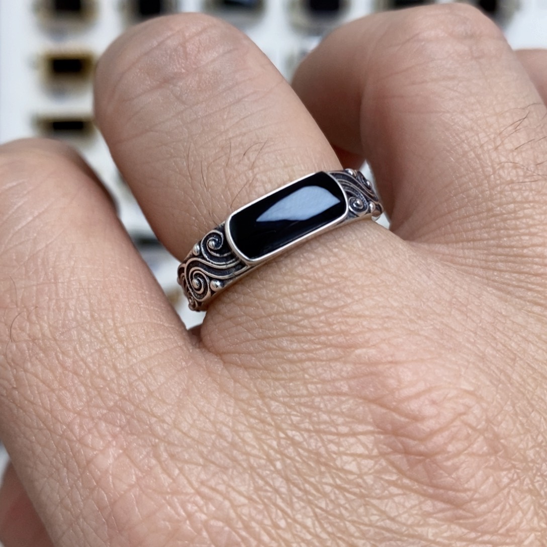 翡翠银S925镶嵌戒指墨翠戒指