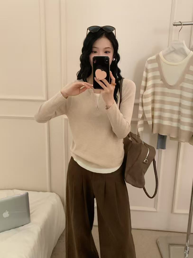 超好看单穿上衣早秋女半开领假2件针织毛针织衫套头休闲显瘦长袖