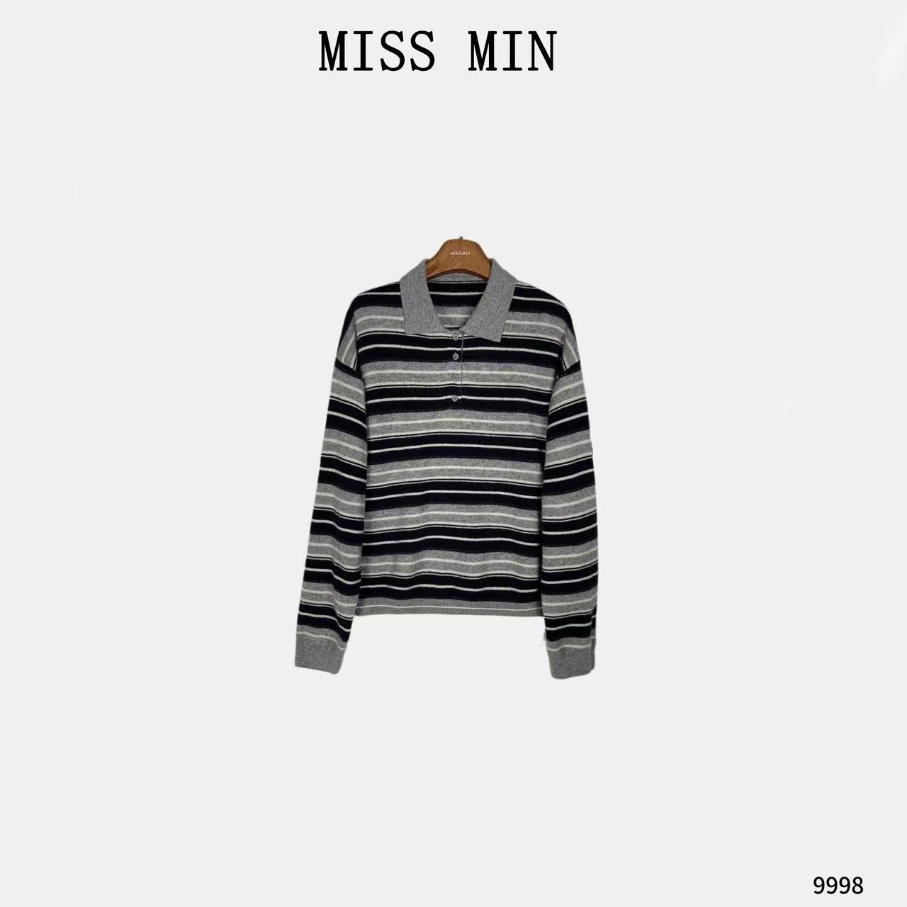 MISS MIN【织雾】复古拼色条纹翻领清冷衣服通勤显瘦学院毛衣 9998