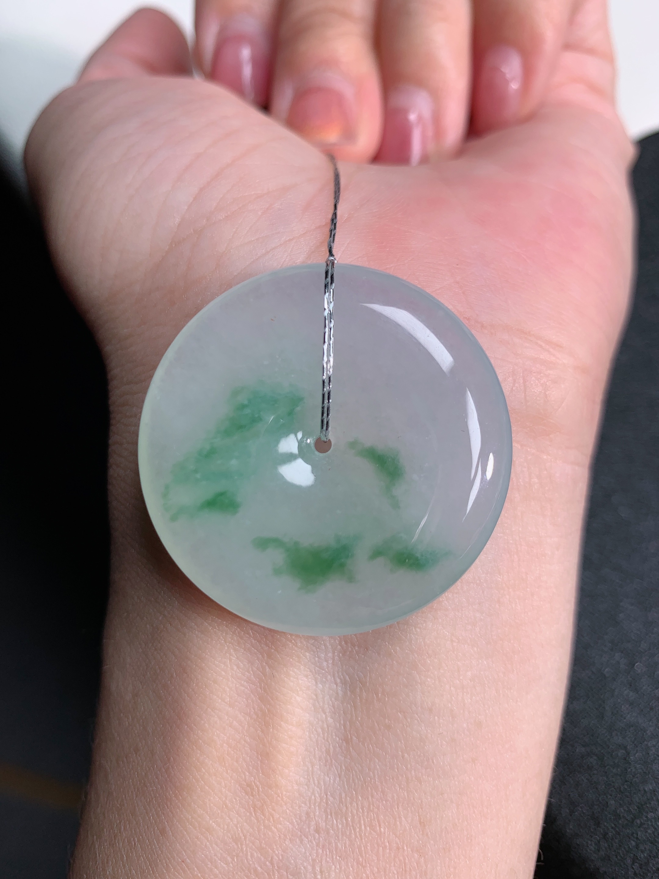 天然缅甸翡翠A货糯冰起胶飘花平安扣吊坠 尺寸32x5.8mm