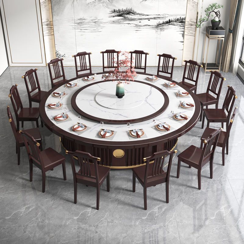 2025新款新中式实木餐桌电动岩板大圆桌高档酒店包厢带转盘吃饭桌