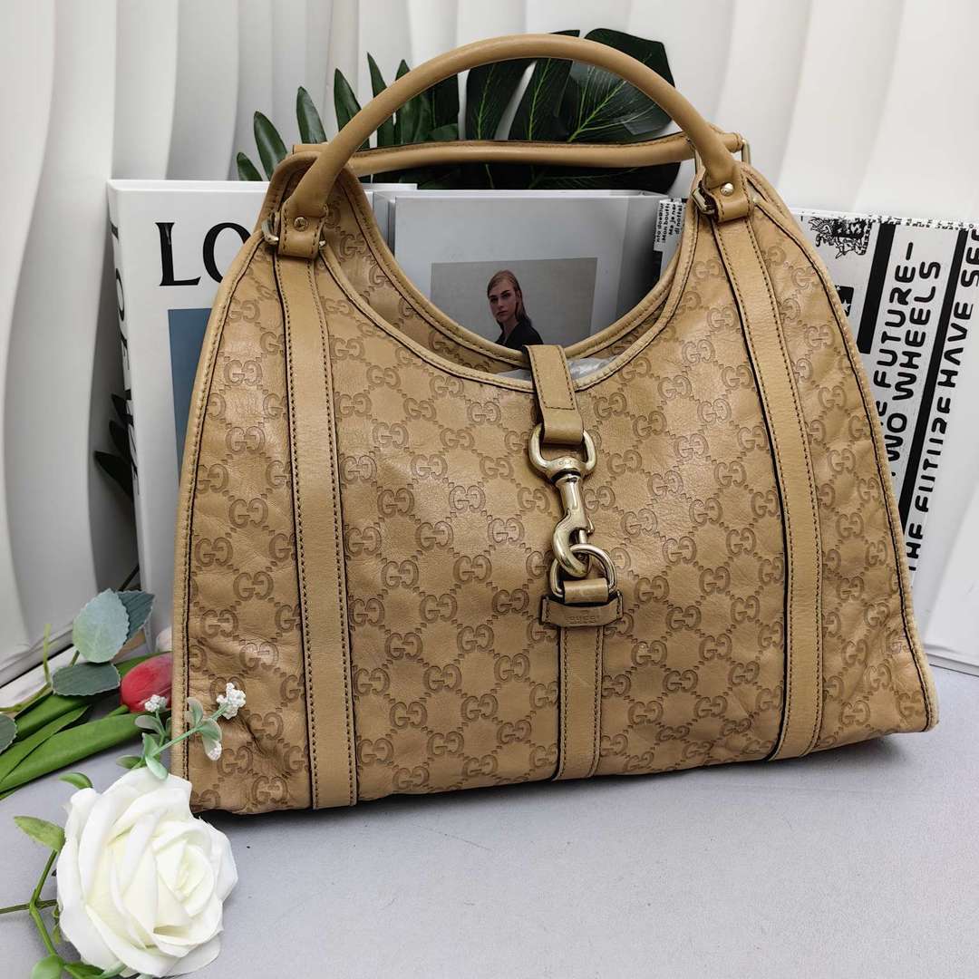 95新  GUCCI/古驰老花压纹手提女包腋下hobo奶茶色 11879181