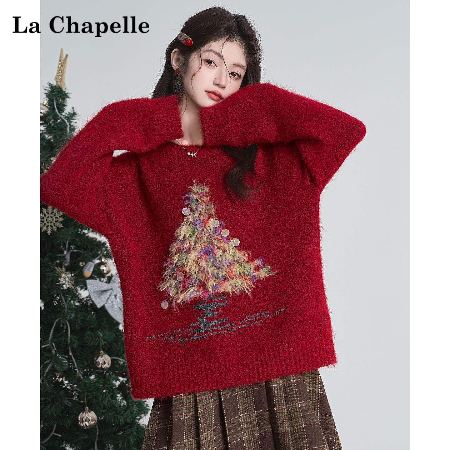 拉夏贝尔红色圣诞穿搭毛衣女冬季新款慵懒宽松软糯套头针织衫上衣