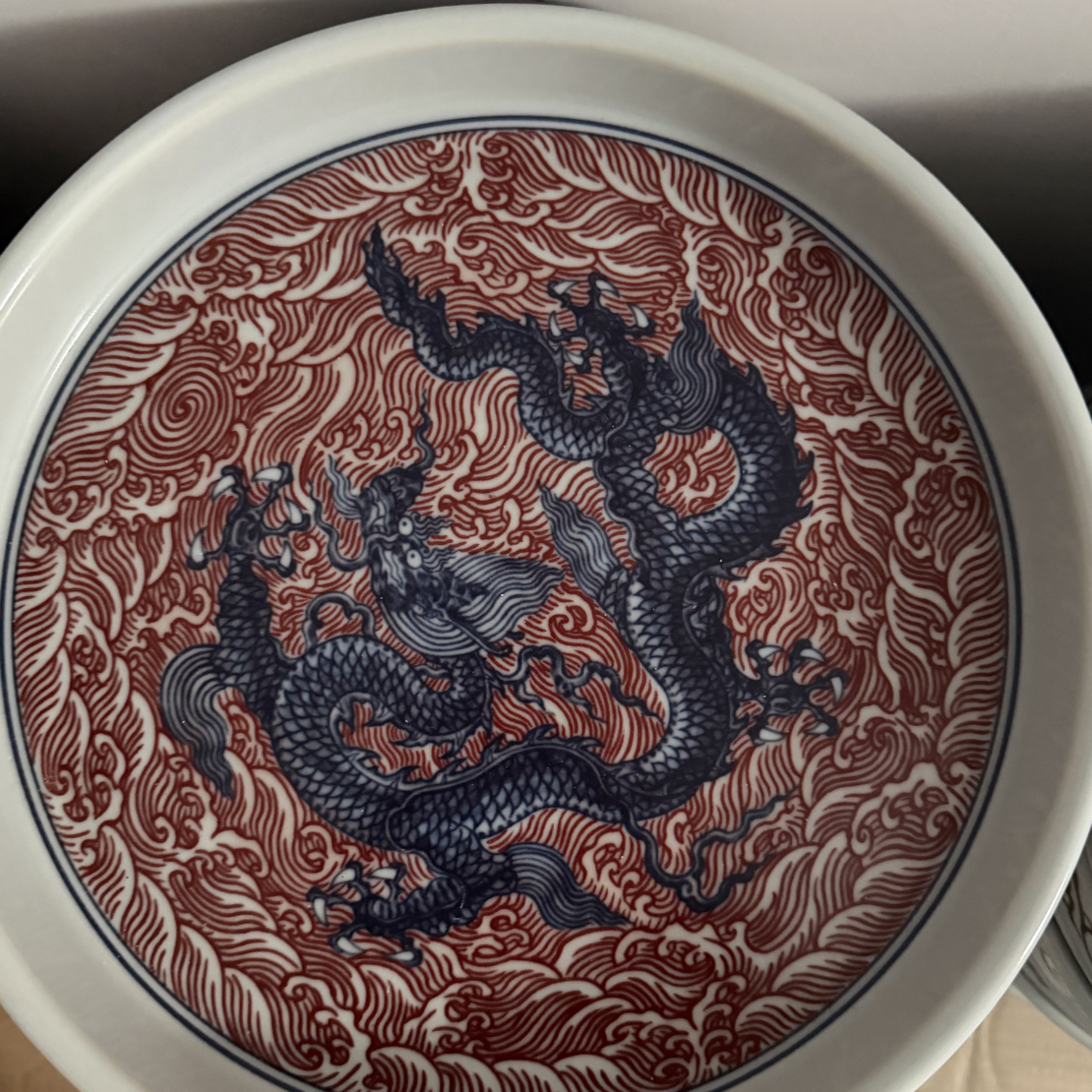景德镇釉里红海水龙陶瓷大茶盘