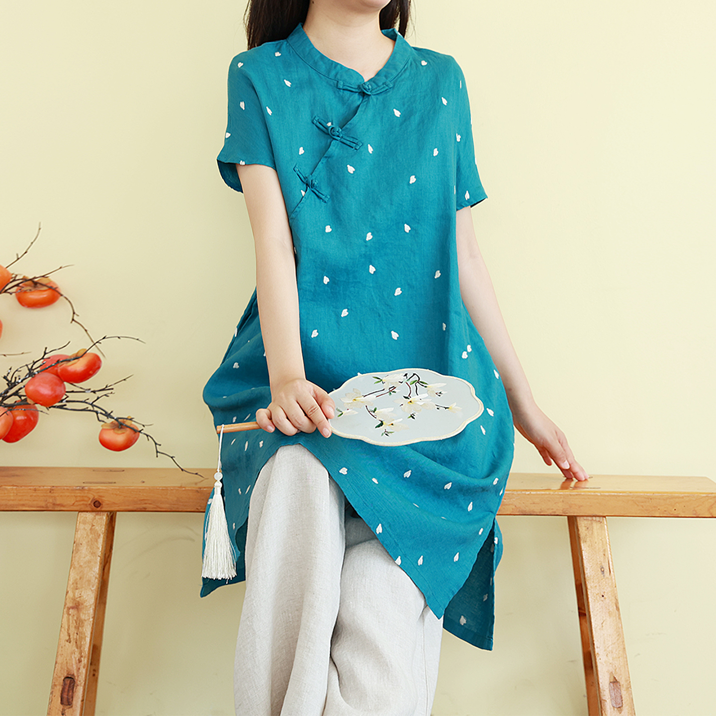 复古刺绣新中式国风立领盘扣亚麻衬衫女夏禅意茶服宽松中长款上衣