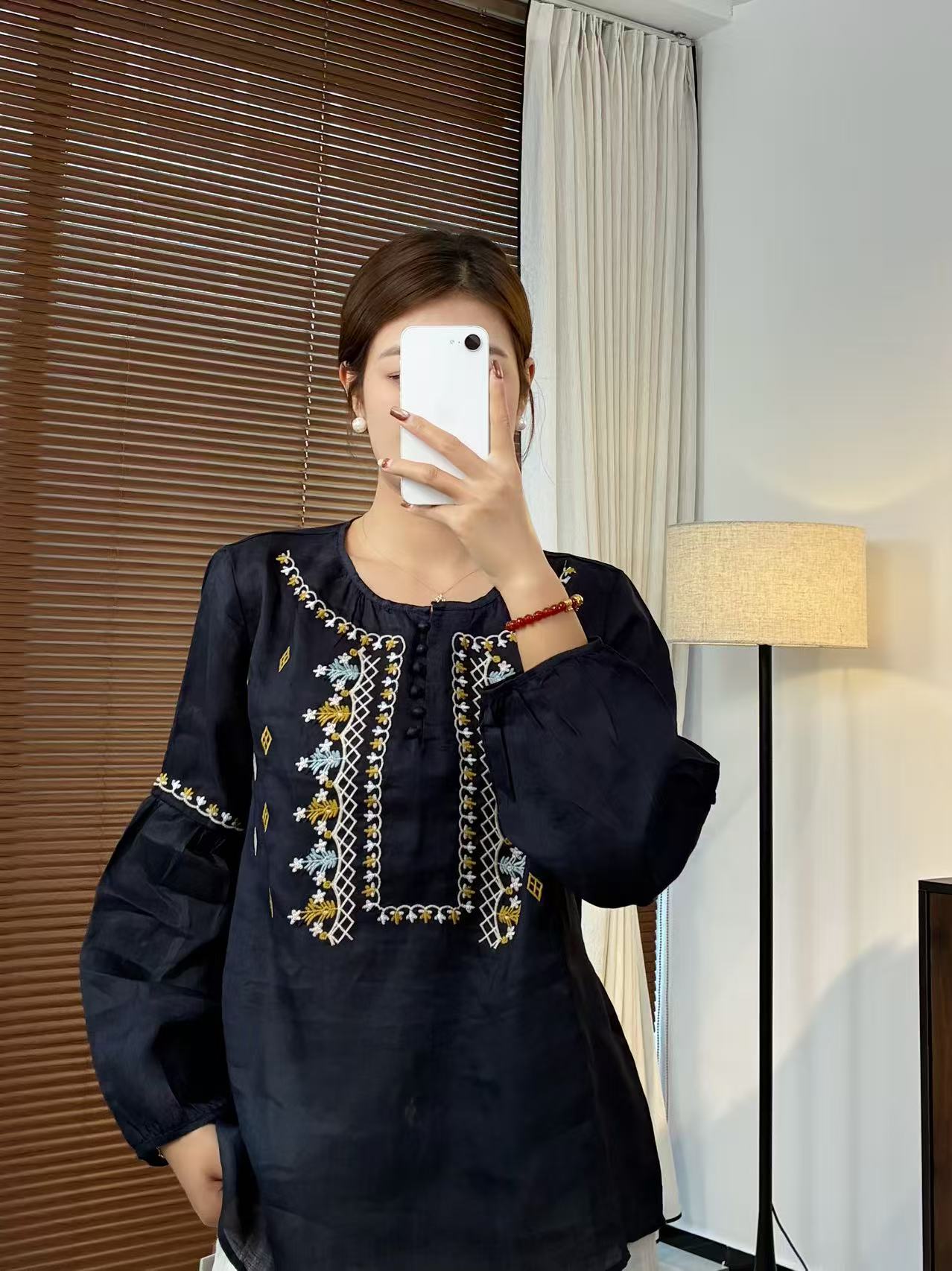 【飞飞专属】长袖重工刺绣百搭新款苎麻上衣-5074