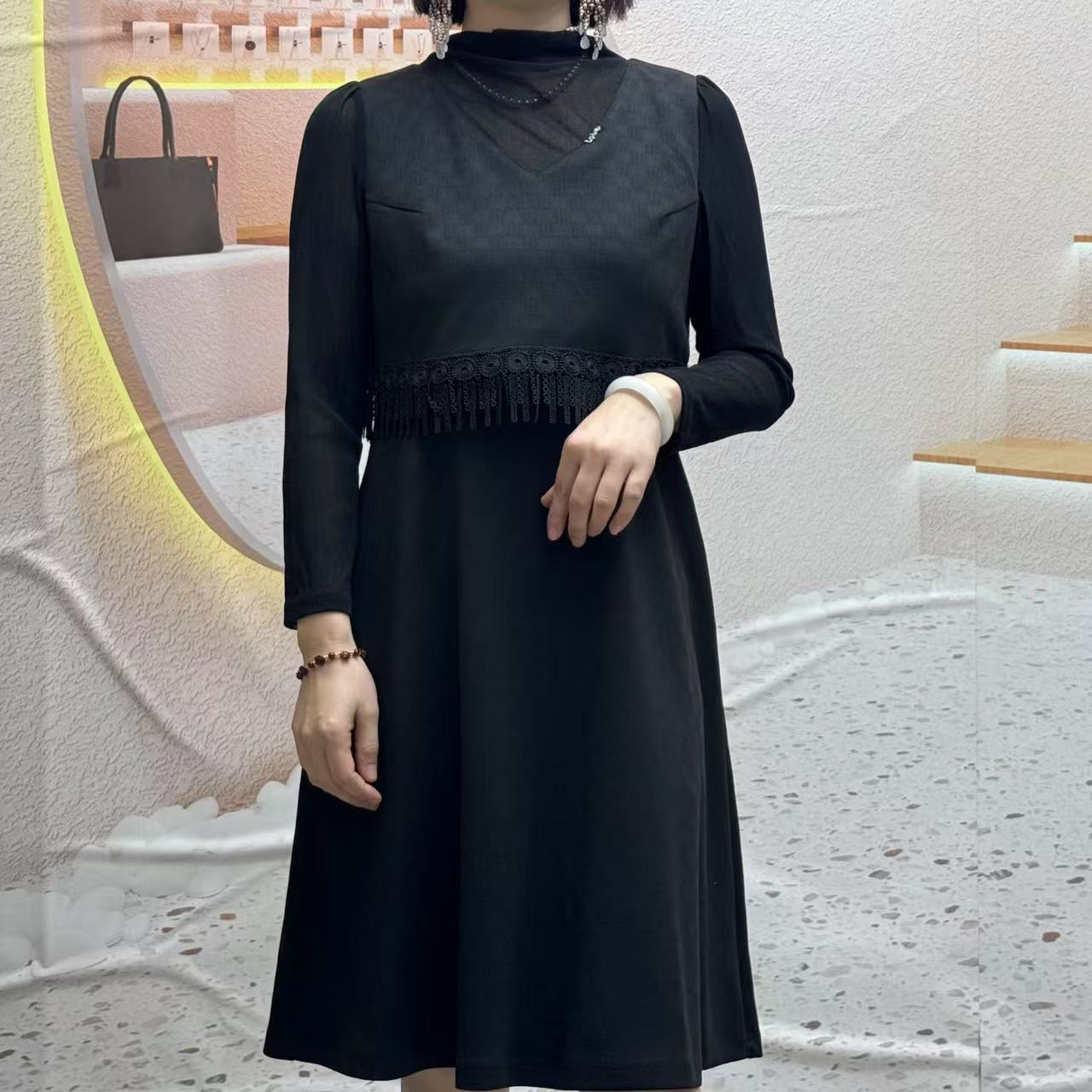 【Q504】春秋气质连衣裙女洋气减龄百搭中长款收腰显瘦长袖连衣裙