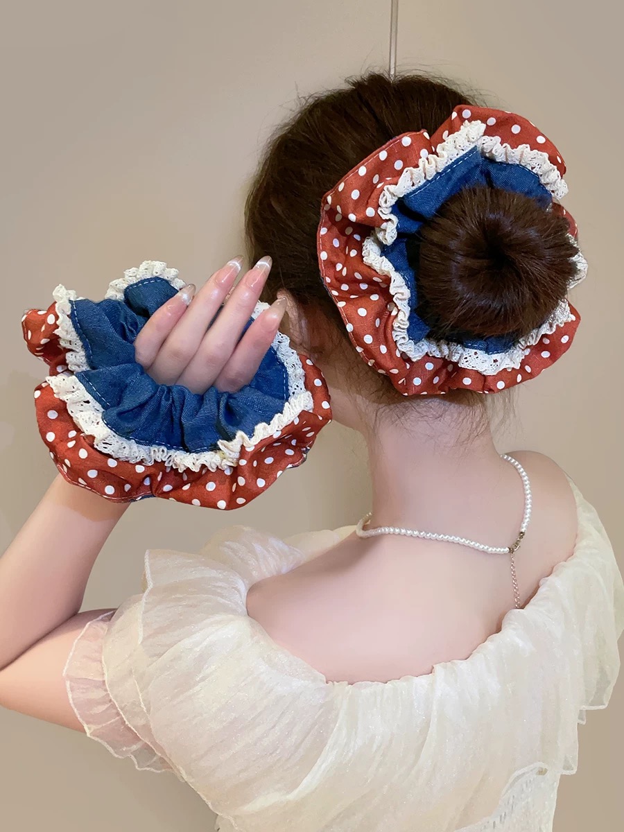 F162【美式甜酷】韩系复古桔色波点大肠发圈女高级感撞色小众发圈