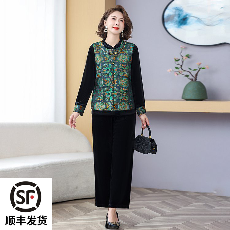 妈妈装秋季国风金丝绒长袖三件套洋气马甲中老年女装春秋减龄套装