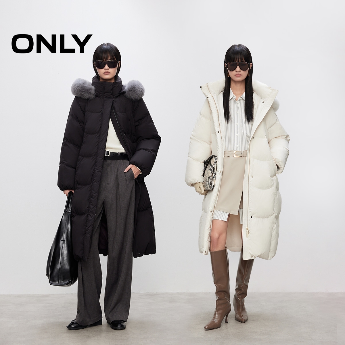 ONLY2025冬季新款90白鹅绒长款茧型毛领连帽羽绒服女|125412005