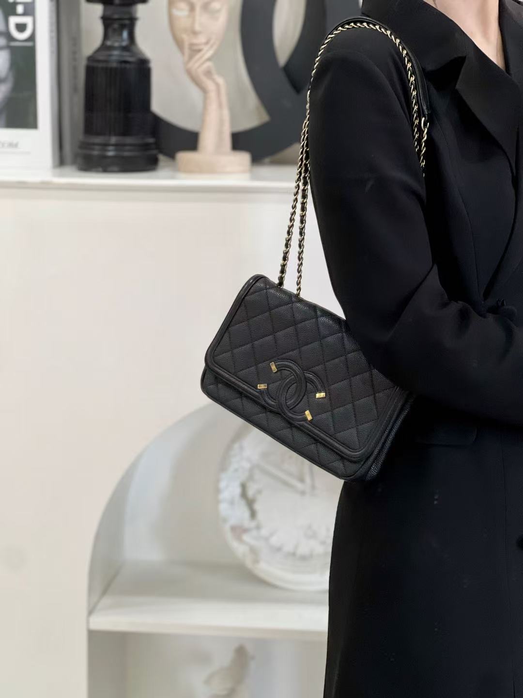 99新 Chanel/香奈儿 香奈儿vanity大双c链条包黑金荔枝纹/优品