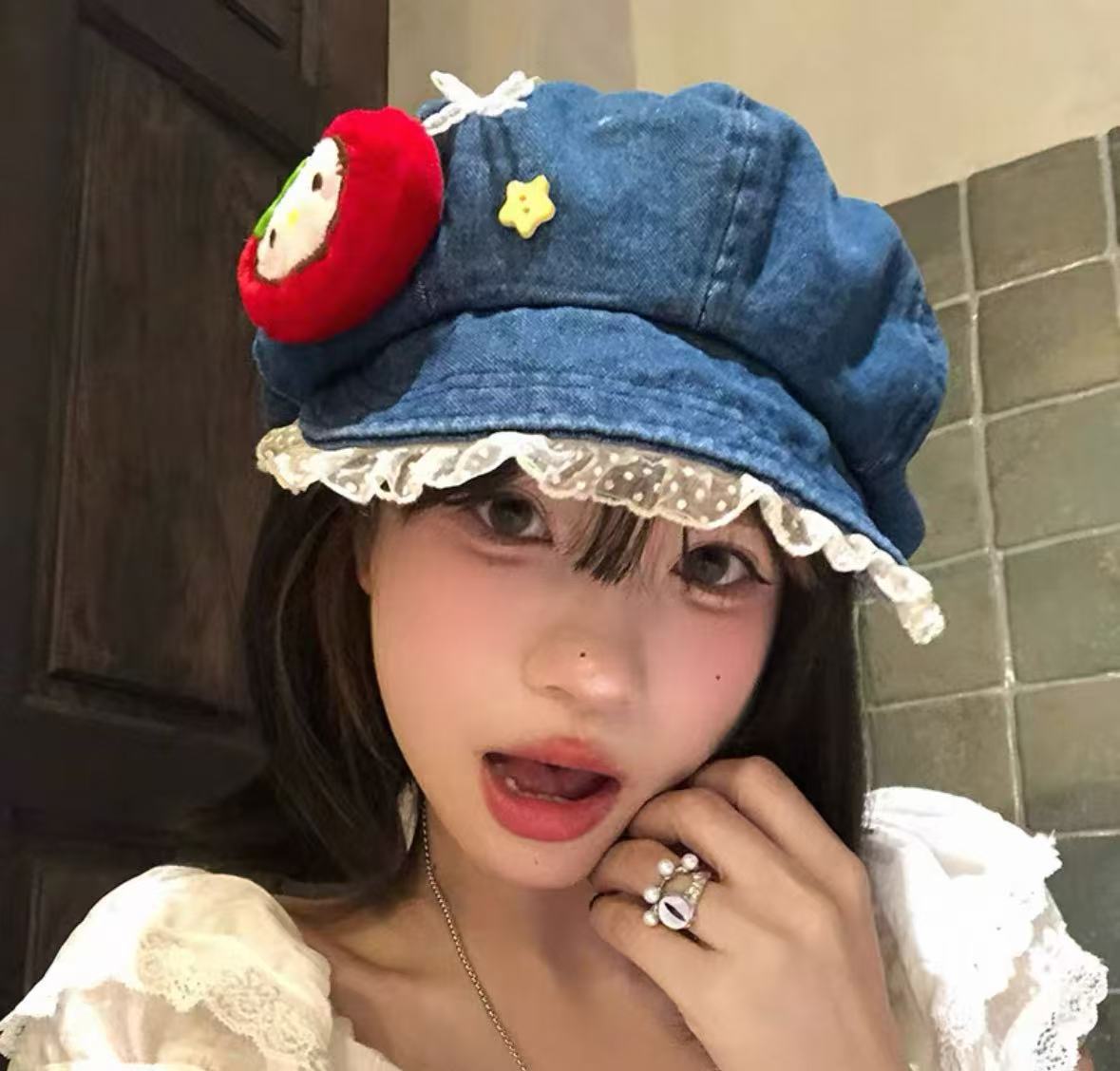 多巴胺立体卡通苹果猫咪牛仔画家帽女夏日户外百搭遮阳报童帽子