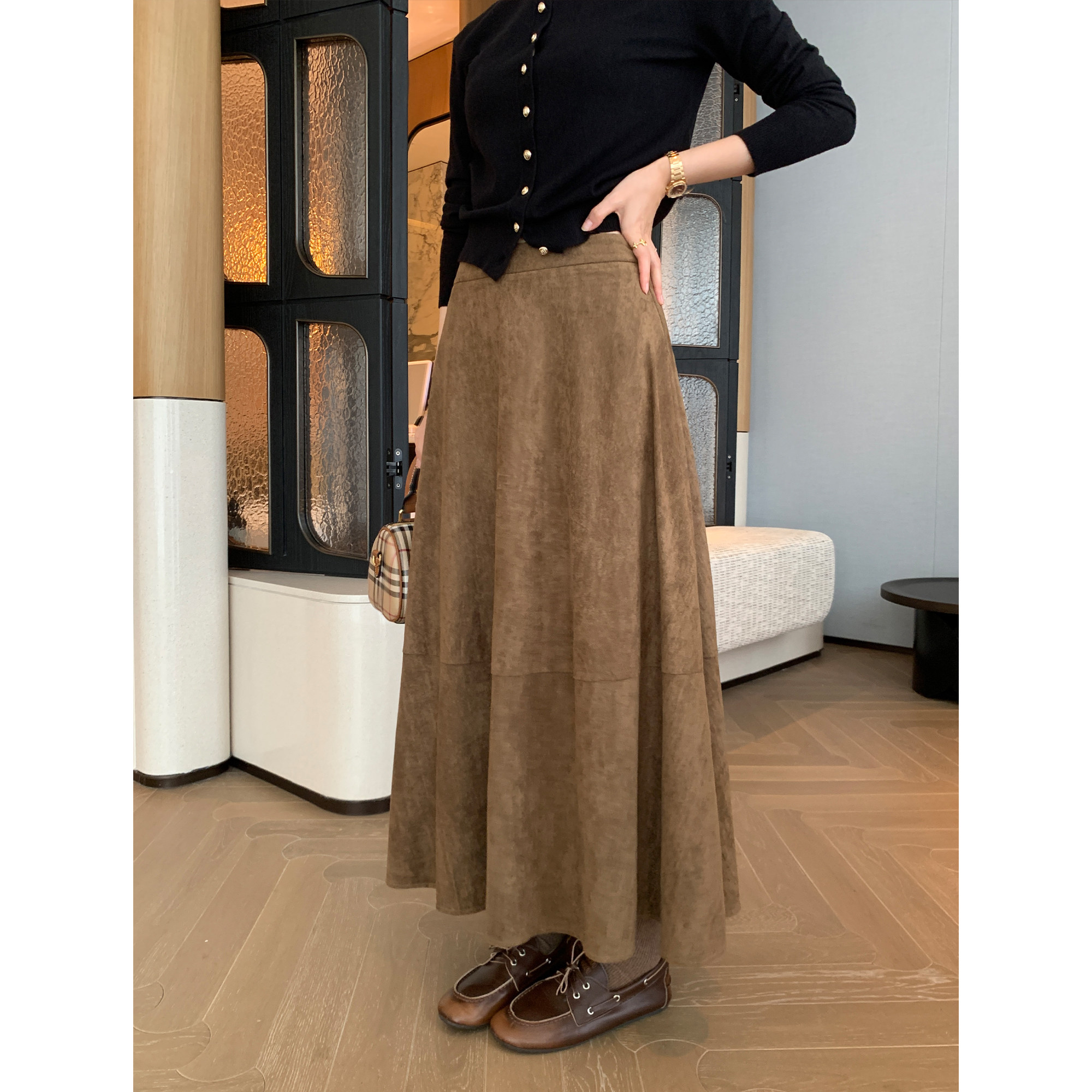 pusumede鎏金碎片 咖色麂皮绒a字半身裙女复古显瘦高腰大裙摆半裙