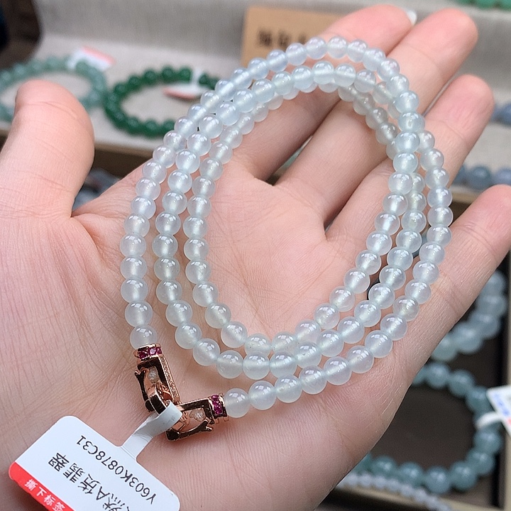 翡翠未镶嵌手链冰透无暇长项链，5.0mm