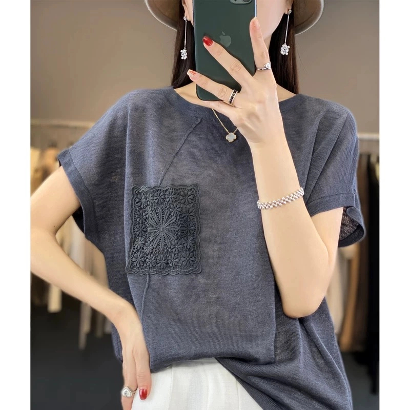 【超高级】夏季新款竹节麻圆领短袖针织衫宽松洋气百搭显瘦减龄