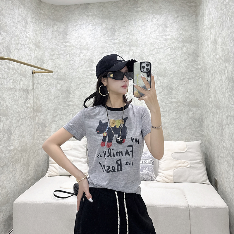 卡通印花撞色时尚圆领T恤休闲百搭女士夏季宽松简约CEA2118
