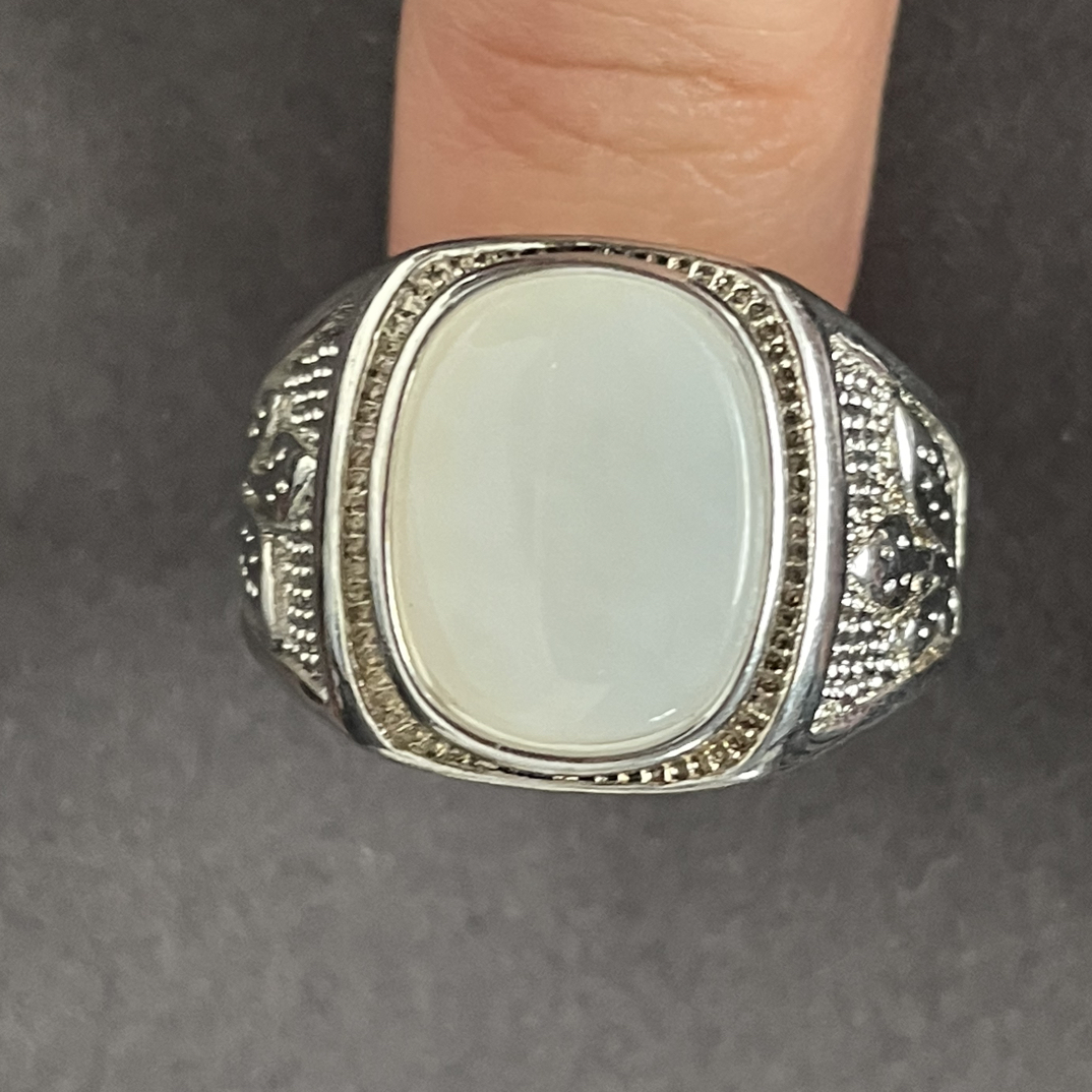 和田玉白玉方边戒指（男款）（开播即可拍）