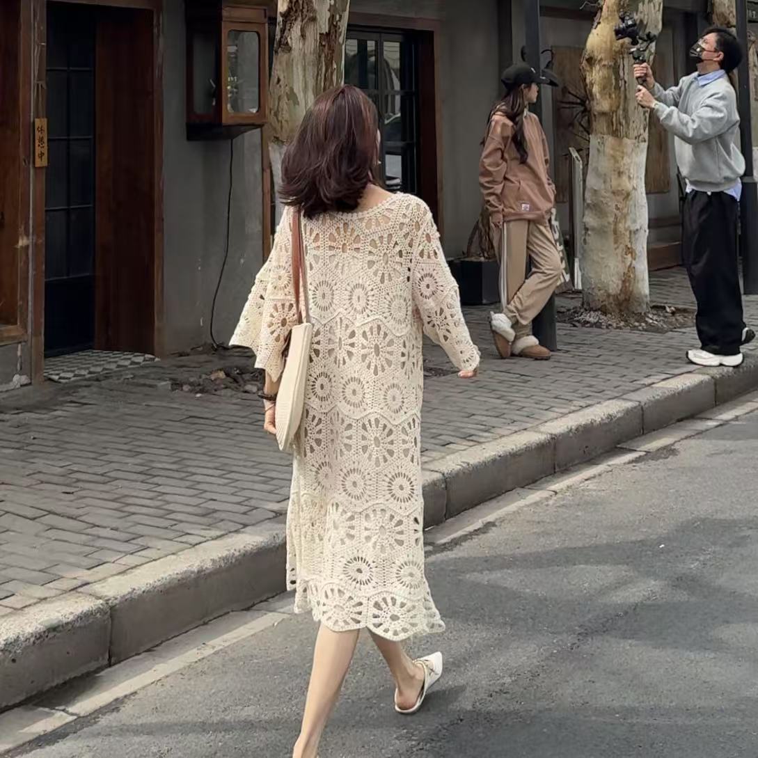 高品质宽松钩花镂空针织韩版连衣裙+内衬裙Q132