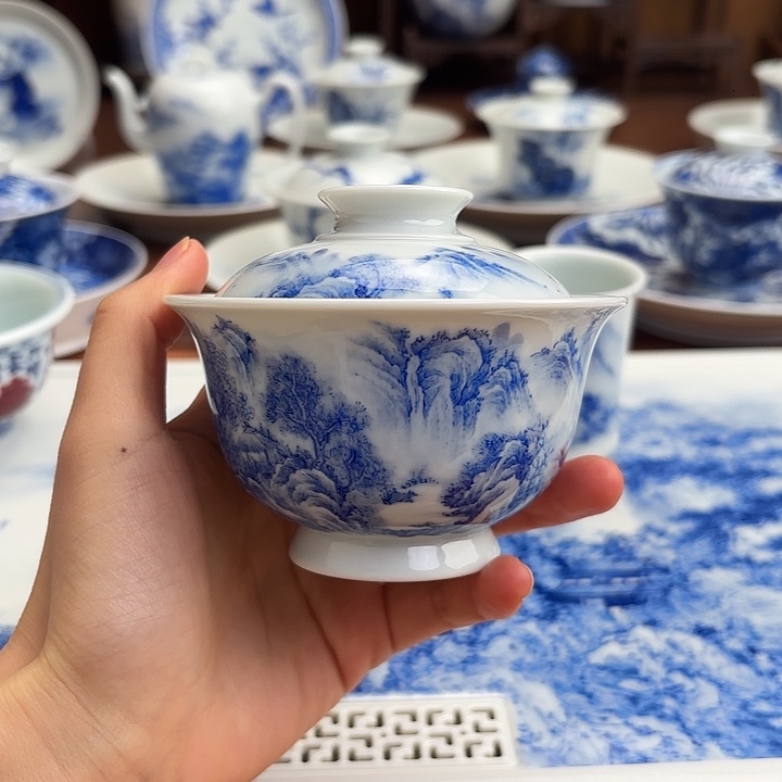 杯子陶手工手绘山水盖碗